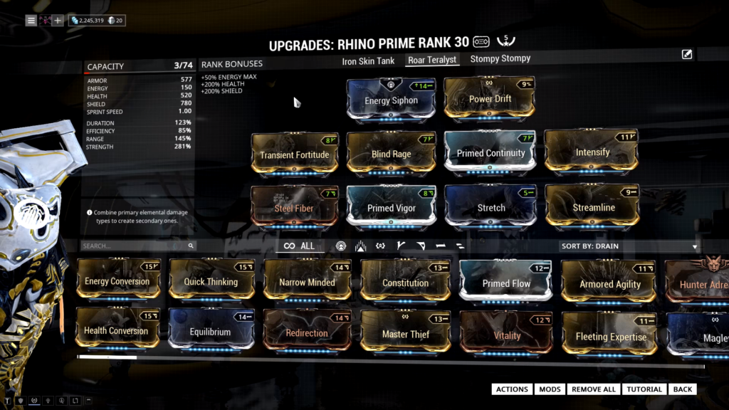 Rhino Roar Build Rhino Prime Roar Build Warframe Rhino Build